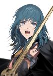  1girl aso_lago blue_eyes blue_hair byleth_(fire_emblem) byleth_eisner_(female) cloak fire_emblem fire_emblem:_three_houses gauntlets looking_at_viewer medium_hair open_mouth simple_background solo sword upper_body weapon white_background 