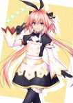  1boy artist_request astolfo_(fate) astolfo_(saber)_(fate) bangs black_bow black_gloves black_legwear black_ribbon blush bow bowtie commentary_request dress fang fate/grand_order fate_(series) frills gloves hair_bow hair_intakes hair_ribbon long_hair long_sleeves looking_at_viewer multicolored_hair otoko_no_ko pantyhose pink_hair ribbon skin_fang solo streaked_hair twintails v violet_eyes white_hair 