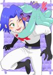  1boy blue_hair blush gen_7_pokemon green_eyes haru_56 kojirou_(pokemon) male_focus mareanie poke_ball pokemon pokemon_(anime) purple_hair simple_background team_rocket 