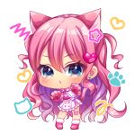  1girl animal_ears big_head blue_eyes blush boots capelet cat_ears cat_tail chibi closed_mouth commentary_request earrings full_body fur-trimmed_boots fur_trim gloves hair_ornament heart heart_hair_ornament highres jewelry long_hair looking_at_viewer multicolored_hair original paw_gloves paws pink_footwear pink_gloves pink_hair pink_shirt pk_(mukasihasakana) purple_hair shirt simple_background skirt solo standing star stud_earrings tail two-tone_hair two_side_up very_long_hair white_background white_capelet white_skirt 