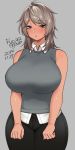  1girl agawa_ryou bare_shoulders blue_eyes blush breasts brown_hair commentary dated grey_background huge_breasts long_hair original pants parted_lips signature simple_background sleeveless solo thick_thighs thighs tight tight_pants 