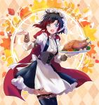  1girl apron argyle argyle_background belt black_dress black_hair black_legwear blouse bodice bow cape cloak corset cute dress food gradient_hair highres holding holding_plate hood hooded_cloak iesupa multicolored_hair multiple_belts plate red_cape redhead ribbon roosterteeth ruby_rose rwby short_hair solo thanksgiving thigh-highs traditional_clothes turkey_(food) two-tone_hair 