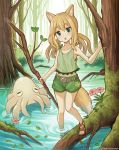  1girl animal_ears belt black_belt blonde_hair blue_eyes brown_footwear clover commentary_request day duke_(kimurasun) eyebrows_visible_through_hair flower four-leaf_clover fox_ears fox_girl fox_tail green_shirt green_shorts head_tilt highres long_hair looking_at_viewer midriff moss navel open_mouth original outdoors partial_commentary pink_flower sandals shirt short_shorts shorts solo squid standing tail tank_top tree wading 