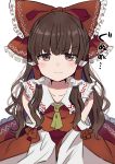  1girl :i ascot bangs bare_shoulders blush bow brown_eyes brown_hair collarbone commentary_request detached_sleeves eyebrows_visible_through_hair frilled_bow frilled_shirt_collar frills hair_bow hair_tubes hakurei_reimu highres long_hair long_sleeves looking_at_viewer petticoat red_bow red_skirt satoupote sidelocks simple_background skirt solo touhou translated upper_body v-shaped_eyebrows white_background yellow_neckwear 