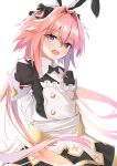  1boy astolfo_(fate) astolfo_(saber)_(fate) bangs black_bow black_ribbon blush bow bowtie commentary_request dress eyebrows_visible_through_hair fang fate/grand_order fate_(series) hair_between_eyes hair_bow hair_intakes hair_ribbon highres hikashou long_hair long_sleeves looking_at_viewer multicolored_hair otoko_no_ko pink_hair ribbon simple_background skin_fang solo streaked_hair twintails violet_eyes white_background white_hair 