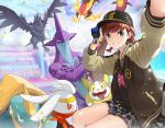  1girl adjusting_clothes adjusting_hat bag baseball_cap black_gloves blue_gloves blurry blurry_background bomber_jacket bracer braid brown_hair centiskorch confetti corviknight crossed_arms crossed_legs drednaw fire gen_8_pokemon glint gloves green_eyes grey_skirt grin hand_on_headwear hand_up hat jacket long_sleeves masin0201 miniskirt motion_blur open_clothes open_jacket outstretched_arm partly_fingerless_gloves plaid plaid_skirt pleated_skirt poke_ball_symbol pokemon pokemon_(creature) pokemon_(game) pokemon_swsh profile raboot redhead scorbunny self_shot signature sitting skirt smile stadium tongue tongue_out toxtricity twin_braids twintails two-tone_gloves yamper yuuri_(pokemon) 