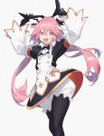  1boy animal_ears astolfo_(fate) astolfo_(saber)_(fate) bangs black_bow black_gloves black_ribbon bow bowtie commentary_request dress fate/grand_order fate_(series) gloves hair_bow hair_intakes hair_ribbon highres kaoruko(unkrk55) long_hair long_sleeves looking_at_viewer multicolored_hair otoko_no_ko pantyhose pink_hair rabbit_ears ribbon solo streaked_hair twintails violet_eyes white_hair 