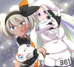  2girls :o black_bodysuit blonde_hair bodysuit bodysuit_under_clothes breasts clothes_writing crowd dark_skin drooling gloves grey_eyes grey_hair grey_legwear gym_leader hairband highres knee_pads large_breasts legwear_under_shorts long_hair long_sleeves melon_(pokemon) multicolored_hair multiple_girls pantyhose pokemon pokemon_(game) pokemon_swsh saitou_(pokemon) short_hair short_shorts short_sleeves shorts slapping stadium streaked_hair sunz7244 sweater two-tone_gloves very_long_hair violet_eyes white_shorts white_sweater 