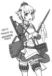  1girl apron bangs character_name dress eyebrows_visible_through_hair fang frilled_dress frills girls_frontline gloves greyscale gun hair_flaps hair_ornament highres holding holding_weapon leg_garter long_sleeves looking_at_viewer m1897_(girls_frontline) monochrome ndtwofives object_namesake on_head open_mouth pleated_dress puffy_short_sleeves puffy_sleeves pump_action short_hair short_over_long_sleeves short_sleeves shotgun simple_background solo weapon white_background winchester_model_1897 