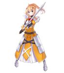  1girl 97dwnstjq armor armored_dress bangs blonde_hair blue_eyes blush braid breasts commentary_request darkness_(konosuba) eyebrows_visible_through_hair full_body gloves hair_between_eyes hair_ornament highres holding holding_sword holding_weapon kono_subarashii_sekai_ni_shukufuku_wo! large_breasts long_hair looking_at_viewer ponytail simple_background smile solo sword weapon white_background x_hair_ornament 