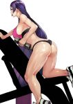  1girl 55level ass back bangs black_panties bra breasts dumbbell exercise fate/grand_order fate_(series) highres large_breasts legs long_hair low-tied_long_hair minamoto_no_raikou_(fate/grand_order) panties parted_bangs purple_bra purple_hair shoes simple_background smile sneakers solo sports_bra sweat thighs underwear very_long_hair violet_eyes white_background white_footwear 