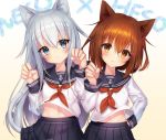  2girls :3 anchor anchor_symbol animal_ears bangs blue_eyes blue_skirt blush breasts brown_eyes brown_hair cat_ears cat_girl cat_tail eyebrows_visible_through_hair haiba_09 hair_ornament hairclip hibiki_(kantai_collection) ikazuchi_(kantai_collection) kantai_collection long_hair long_sleeves multiple_girls navel neckerchief paw_pose pleated_skirt red_neckwear sailor_collar school_uniform serafuku short_hair silver_hair skirt tail 