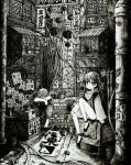  1boy 1girl absurdres barefoot bottle greyscale highres long_hair looking_at_viewer monochrome original scenery short_hair sign sitting translation_request twintails usio_ueda 