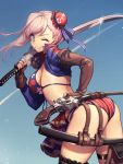  1girl american_flag_bikini ass asymmetrical_hair bangs bikini blue_eyes breasts brown_gloves bun_cover elbow_gloves fate/grand_order fate_(series) fingerless_gloves flag_print gloves gunblade hajimetakadai highres holding holding_sword holding_weapon large_breasts mismatched_legwear miyamoto_musashi_(fate/grand_order) miyamoto_musashi_(swimsuit_berserker)_(fate) multi-strapped_bikini one_eye_closed pink_hair scabbard sheath sheathed shrug_(clothing) single_elbow_glove single_sidelock single_thigh_boot single_thighhigh smile solo swept_bangs swimsuit sword thigh-highs unsheathed weapon 