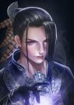  1boy black_background black_gloves black_hair copyright_request feathers gloves hair_feathers hair_over_one_eye hand_up highres long_hair looking_at_viewer male_focus medium_hair smoke solo yiqing_(yohare) 