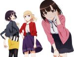  3girls artist_request black_hair black_legwear blonde_hair blue_eyes brown_hair highres huge_filesize jacket kasumigaoka_utaha katou_megumi long_hair long_legs looking_at_viewer multiple_girls pink_jacket red_eyes saenai_heroine_no_sodatekata sawamura_spencer_eriri sweater 