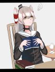  1girl amatsukaze_(kantai_collection) awasari black_dress book book_stack chair cup dress grey_background hair_tubes hat highres holding holding_book kantai_collection long_hair looking_up mini_hat sailor_dress silver_hair simple_background sitting smokestack_hair_ornament solo squiggle table teacup teapot two_side_up windsock 