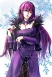  1girl bangs breasts dress fate/grand_order fate_(series) feather_trim fur-trimmed_dress fur_trim hair_between_eyes hair_ornament headpiece holding holding_wand large_breasts lips long_hair numataromomon purple_dress purple_hair purple_ribbon red_eyes ribbon runes scathach_(fate)_(all) scathach_skadi_(fate/grand_order) tiara wand 