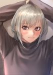  1girl arms_up blush breasts closed_mouth eyebrows_visible_through_hair grey_eyes grey_hair highres kilye_4421 long_sleeves looking_at_viewer original short_hair smile upper_body 