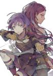  2girls arrow bernadetta_von_varley bike_shorts bow_(weapon) bracelet dress earrings fire_emblem fire_emblem:_three_houses from_side gloves grey_eyes hair_ornament holding holding_arrow holding_bow_(weapon) holding_weapon jewelry kvlen long_hair long_sleeves multiple_girls parted_lips petra_macneary ponytail purple_hair quiver short_dress simple_background thigh_strap weapon white_background yellow_gloves 