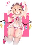  1girl absurdres arm_up armpits babydoll bangs blonde_hair blush bow commentary crystal dleung eyebrows_visible_through_hair fang feet_out_of_frame flandre_scarlet garter_straps groin hand_up hat hat_bow highres long_hair looking_at_viewer mob_cap navel one_side_up open_mouth panties pink_bow pink_footwear red_eyes shoes solo spaghetti_strap strap_slip striped striped_panties thigh-highs thighs touhou underwear underwear_only white_background white_headwear white_legwear wings wrist_cuffs 