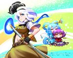  3girls =_= belt blue_eyes blue_hair blush bow english_text fingerless_gloves gloves hair_ornament hair_stick hairband kaku_seiga kashuu_(b-q) konpaku_youmu konpaku_youmu_(ghost) long_hair midriff miyako_yoshika multicolored multicolored_eyes multiple_girls navel open_mouth shawl short_hair skirt sparkle suspenders sword touhou violet_eyes weapon white_hair 