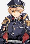  1boy agatsuma_zenitsu belt black_coat black_headwear blonde_hair buttons closed_mouth collar collared_coat collared_jacket grey_background hat highres jacket_on_shoulders kimetsu_no_yaiba long_sleeves looking_at_viewer male_focus military military_hat military_uniform open_clothes short_hair simple_background solo susten uniform yellow_eyes 