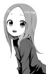  1girl :d absurdres bangs commentary_request forehead greyscale highres karakai_jouzu_no_takagi-san leaning_forward long_hair looking_at_viewer monochrome official_art open_mouth parted_bangs shirt simple_background smile solo takagi-san upper_body upper_teeth white_background yamamoto_souichirou 