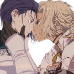  2girls armor aso_lago black_gloves blonde_hair blue_eyes blue_hair catherine_(fire_emblem) face-to-face fire_emblem fire_emblem:_three_houses forehead-to-forehead gloves grin hands_on_another&#039;s_face looking_at_another multiple_girls shamir_nevrand short_hair short_ponytail simple_background smile upper_body violet_eyes white_background 