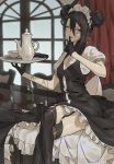  1girl absurdres agent_(girls_frontline) asymmetrical_bangs bangs black_dress black_footwear black_gloves black_hair black_legwear blood blush boots cirilla crossed_legs cup double_bun dress explosive garter_straps girls_frontline gloves grenade gun hair_between_eyes hair_ornament highres holding index_finger_raised indoors knife maid maid_headdress open_mouth sangvis_ferri short_sleeves solo spoon teacup teapot thigh-highs thigh_boots tray weapon window yellow_eyes 