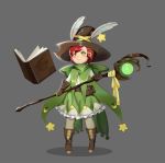  1girl belt_pouch blush book boots bow brown_footwear brown_gloves full_body gloves green_bow green_eyes grey_background hair_ornament hairclip hat hat_feather highres holding holding_staff open_book original pouch redhead short_hair smile solo staff standing star tachi-e wizard_hat yiqing_(yohare) 