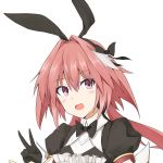 000kk 1boy absurdres astolfo_(saber)_(fate) bangs black_bow black_gloves black_ribbon blush bow bowtie commentary_request eyebrows_visible_through_hair face fate/grand_order fate_(series) gloves hair_bow hair_intakes hair_ribbon highres long_hair looking_at_viewer multicolored_hair open_mouth otoko_no_ko pink_hair ribbon simple_background solo streaked_hair twintails violet_eyes white_background white_hair 