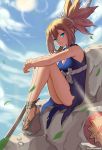  1girl bangs bare_arms bare_shoulders bird blonde_hair blue_dress blue_eyes blue_sky clouds dr._stone dress falling_leaves hair_between_eyes hair_tie high_heels high_ponytail highres hirosenpaii holding holding_weapon kohaku_(dr._stone) leaf looking_at_viewer parted_lips polearm ponytail rock rope rope_belt shield shiny sitting sky smile spear sun thighs weapon wind 