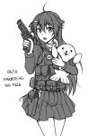  1girl :d ahoge bangs character_name eyebrows_visible_through_hair fang fish_hair_ornament girls_frontline greyscale gun hair_between_eyes hair_flaps hair_ornament handgun highres holding holding_gun holding_weapon jacket long_hair long_sleeves looking_at_viewer monochrome ndtwofives object_hug object_namesake open_mouth p226_(girls_frontline) pistol pleated_skirt sig_sauer sig_sauer_p226 simple_background skirt smile solo stuffed_animal stuffed_seal stuffed_toy very_long_hair weapon white_background 