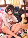  1girl acoustic_guitar bag barefoot bed between_legs black_hair black_legwear black_shorts blurry blurry_background blush book bottle bra_strap carpet casual cellphone clothes_removed commentary_request earphones earphones fang guitar hand_between_legs highres hood hoodie indian_style indoors instrument long_sleeves looking_at_viewer maki_(maki_pei) mechanical_pencil open_mouth original pencil phone pillow pleated_skirt plectrum sailor_collar school_bag school_uniform serafuku short_hair shorts sitting skirt smartphone smile socks_removed solo supreme thigs violet_eyes water_bottle window 