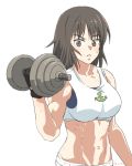  1girl bangs black_eyes black_gloves black_hair closed_mouth commentary dumbbell ei_(akinosakae) frown girls_und_panzer gloves long_hair looking_at_viewer murakami_(girls_und_panzer) muscle muscular_female navel simple_background solo standing sweat twitter_username upper_body weightlifting white_background white_sports_bra 