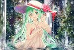  1girl bare_shoulders bug butterfly collarbone dress eyebrows_visible_through_hair green_eyes green_hair hair_between_eyes hat hatsune_miku highres insect long_hair outdoors partially_submerged shigemu_room solo sun_hat vocaloid wading water waterfall white_dress 