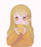  1girl ayu_(mog) blonde_hair blowing brown_eyes commentary_request cup eyebrows_visible_through_hair hair_ornament hairclip highres holding holding_cup long_hair long_sleeves looking_at_viewer mug orange_sweater original pink_background ribbed_sweater sidelocks signature simple_background solo star steam sweater upper_body x_hair_ornament 