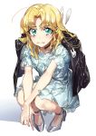  1girl blonde_hair blush closed_mouth collar dress earrings flat_chest green_eyes grey_dress highres jacket jewelry long_hair open_eyes original rabbit shoes solo v_arms wattaro white_dress wings 