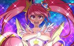  1girl ahoge bangs choker collarbone crossed_arms cure_star earrings feathers frown gunbuster_pose hair_ornament highres hoop_earrings hoshina_hikaru jewelry konboi-eg long_hair looking_at_viewer magical_girl open_mouth parody pink_choker pink_eyes pink_hair precure serious solo sparkle star star_choker star_twinkle_precure twintails upper_body v-shaped_eyebrows very_long_hair wind 