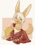  1other androgynous animal_ears blanket blush brown_eyes coffee cup eyebrows_visible_through_hair full_body furry highres holding holding_cup kawasemi27 looking_at_viewer made_in_abyss nanachi_(made_in_abyss) open_mouth pillow short_hair smile tail upper_teeth white_hair 