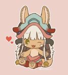  1other :3 animal_ears artist_name blush eyebrows_visible_through_hair furry heart helmet kawasemi27 looking_at_viewer made_in_abyss nanachi_(made_in_abyss) one_eye_closed open_mouth pink_background simple_background sitting smile tail twitter_username whiskers 