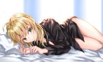 1girl absurdres ahoge artoria_pendragon_(all) bangs bed_sheet black_neckwear black_shirt blonde_hair bottomless breasts closed_mouth collared_shirt dress_shirt eyebrows eyebrows_visible_through_hair eyelashes eyelashes_visible_through_hair fate/zero fate_(series) feet_out_of_frame green_eyes hair_over_shoulder highres legs legs_together long_sleeves looking_at_viewer low_ponytail lying naked_shirt no_bra no_panties no_underwear on_bed on_side pillow ponytail saber shirt shirt_collar_down sidelocks smile solo thighs thighs_together untied yu_sa1126