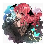  1girl :d alternate_costume artist_name bangs black_dress blush border bug butterfly commentary_request demon_wings dress eyebrows_visible_through_hair grey_background hair_between_eyes hand_up head_wings highres insect koakuma long_hair long_sleeves looking_at_viewer natsuki_(ukiwakudasai) open_mouth red_eyes redhead simple_background smile solo touhou upper_body white_border wings 