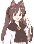  1girl :d alternate_hairstyle animal_ear_fluff animal_ears bangs black_bow bow brooch brown_hair commentary_request dress eyebrows_visible_through_hair frilled_shirt_collar frills hair_bow hand_up imaizumi_kagerou jewelry long_hair looking_at_viewer open_mouth poronegi red_eyes sidelocks simple_background smile solo sweat touhou twintails upper_body white_background white_dress wolf_ears 