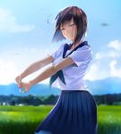  1girl bangs blue_sky blurry blush breasts brown_hair clouds cowboy_shot day depth_of_field field grass half-closed_eyes head_tilt highres interlocked_fingers koikeya looking_at_viewer mountainous_horizon neckerchief original outdoors own_hands_together pleated_skirt sailor_collar school_uniform see-through_silhouette serafuku short_hair short_sleeves skirt sky smile solo standing wind 