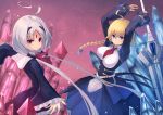  2girls absurdres ahoge bangs black_legwear blazblue blazblue:_cross_tag_battle blonde_hair blue_eyes bow braid breasts crystal dress es_(xblaze) eyebrows_visible_through_hair flat_chest forehead_jewel frilled_dress frills hair_between_eyes hair_tubes hairband highres huge_ahoge large_breasts long_hair long_sleeves looking_at_viewer low_twintails multiple_girls necktie neon_trim pantyhose red_eyes short_hair single_braid smile sword toima_(beat0829) twintails under_night_in-birth underbust vatista very_long_hair violet_eyes weapon white_hair xblaze xblaze_code:_embryo xblaze_lost:_memories 