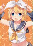  1girl :d arms_up bangs black_sailor_collar black_skirt black_sleeves blonde_hair blue_eyes blush brown_background commentary_request crop_top detached_sleeves eyebrows_visible_through_hair fingernails hair_between_eyes hair_ornament hair_ribbon hairclip highres kagamine_rin long_sleeves looking_at_viewer midriff nail_polish navel neckerchief open_mouth orange_nails puffy_long_sleeves puffy_sleeves ribbon sailor_collar school_uniform serafuku shirt skirt sleeveless sleeveless_shirt smile solo vocaloid white_ribbon white_shirt yellow_neckwear yuruno 