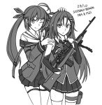  2girls :t ;) antenna_hair bangs bare_shoulders battle_rifle bridal_gauntlets closed_mouth collared_shirt eyebrows_visible_through_hair girls_frontline greyscale gun hair_between_eyes hair_ornament hair_ribbon hand_on_another&#039;s_head hand_on_another&#039;s_shoulder highres holding holding_gun holding_weapon jacket lightning_bolt lightning_bolt_hair_ornament long_hair long_sleeves m14 m14_(girls_frontline) m21_(girls_frontline) monochrome multiple_girls ndtwofives object_namesake one_eye_closed pleated_skirt pout ribbon rifle shirt simple_background skirt sleeveless sleeveless_shirt smile thigh-highs twintails very_long_hair weapon white_background 