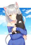  1girl ;o animal animal_ear_fluff animal_ears animal_hug bare_shoulders black_cat blue_sky blue_sweater blush breasts brown_eyes cat cat_ears cat_girl cat_tail clouds cloudy_sky collarbone commentary_request day dress highres long_hair long_sleeves medium_breasts off-shoulder_sweater off_shoulder one_eye_closed original outdoors parted_lips ribbed_sweater silver_hair sky sleeves_past_wrists solo sweater sweater_dress tail upper_body yuraiko 